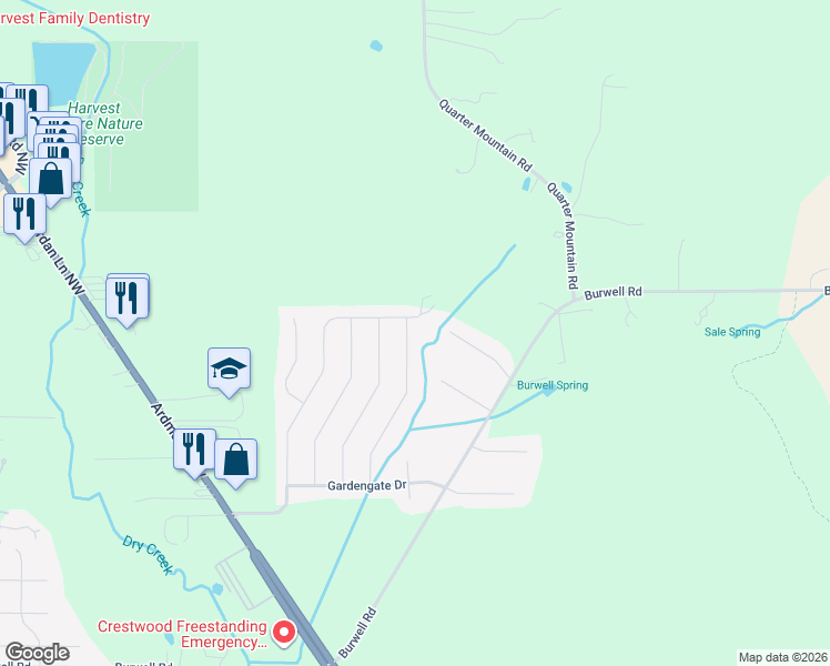map of restaurants, bars, coffee shops, grocery stores, and more near 169 BrookLawn Drive in Harvest