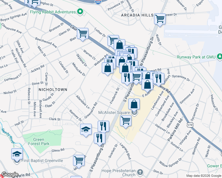 map of restaurants, bars, coffee shops, grocery stores, and more near 122 Edinburgh Court in Greenville