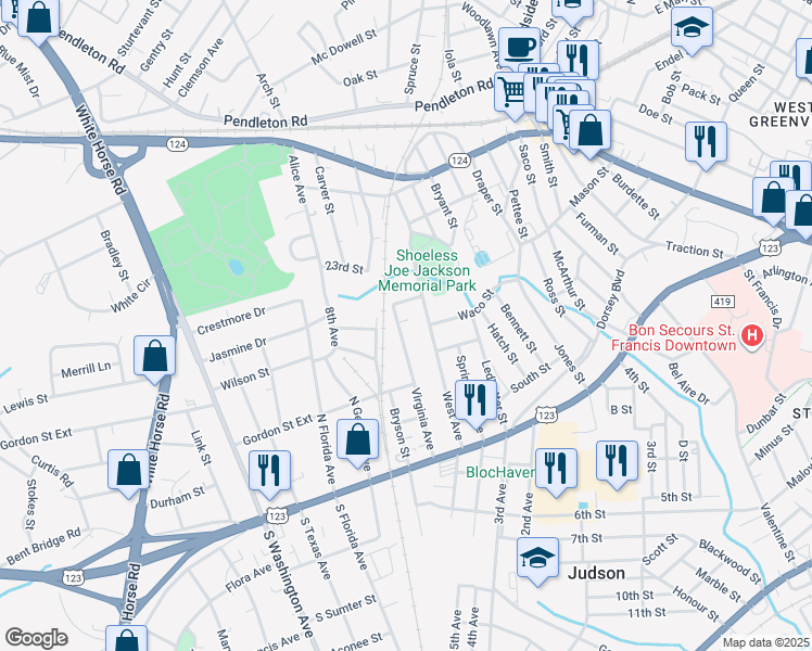 map of restaurants, bars, coffee shops, grocery stores, and more near 213 Virginia Avenue in Greenville