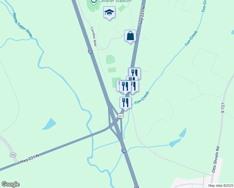 map of restaurants, bars, coffee shops, grocery stores, and more near 6204 U.S. 221 in Roebuck
