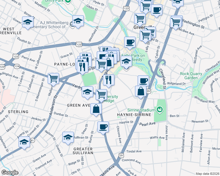 map of restaurants, bars, coffee shops, grocery stores, and more near 20 Howe Street in Greenville