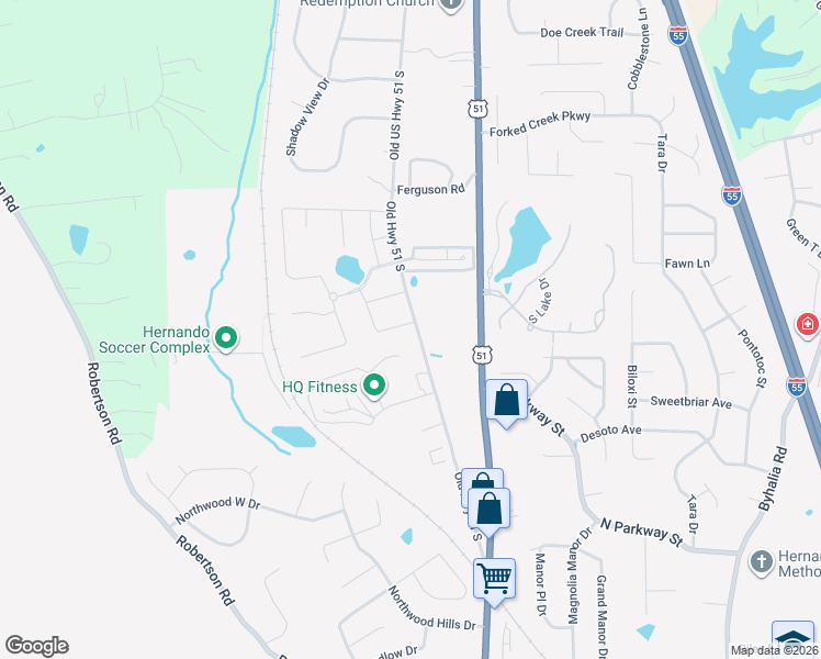 map of restaurants, bars, coffee shops, grocery stores, and more near 516 Whitfield Drive in Hernando