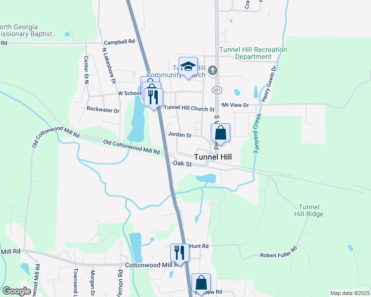map of restaurants, bars, coffee shops, grocery stores, and more near 202 Jordan Street in Tunnel Hill