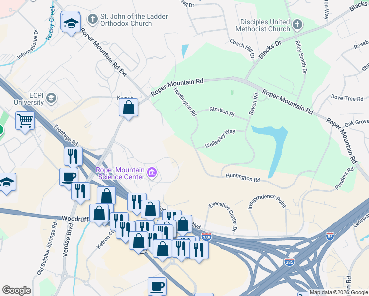 map of restaurants, bars, coffee shops, grocery stores, and more near 302 Huntington Road in Greenville