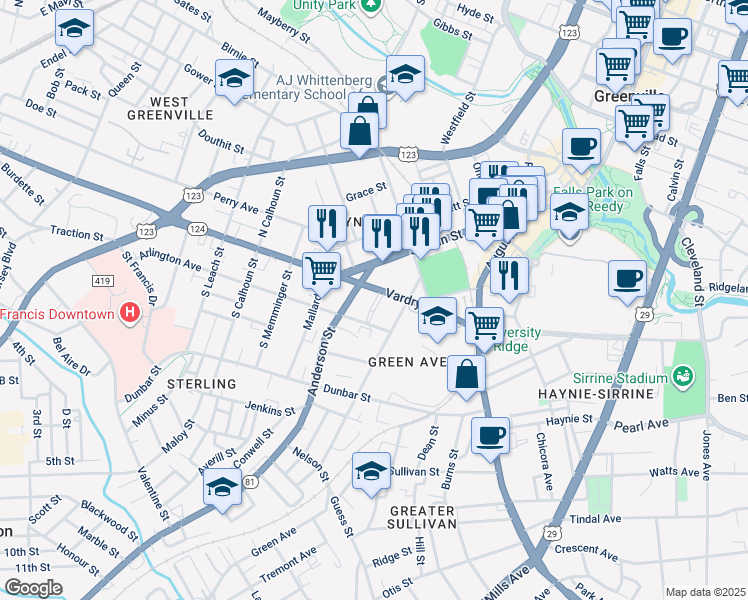 map of restaurants, bars, coffee shops, grocery stores, and more near 3 Anderson Street in Greenville