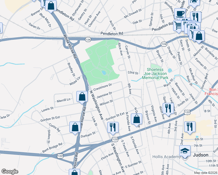 map of restaurants, bars, coffee shops, grocery stores, and more near 19 Crestmore Drive in Greenville