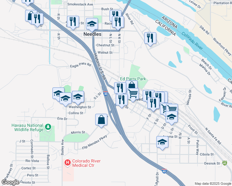 map of restaurants, bars, coffee shops, grocery stores, and more near 1317 West Broadway Street in Needles