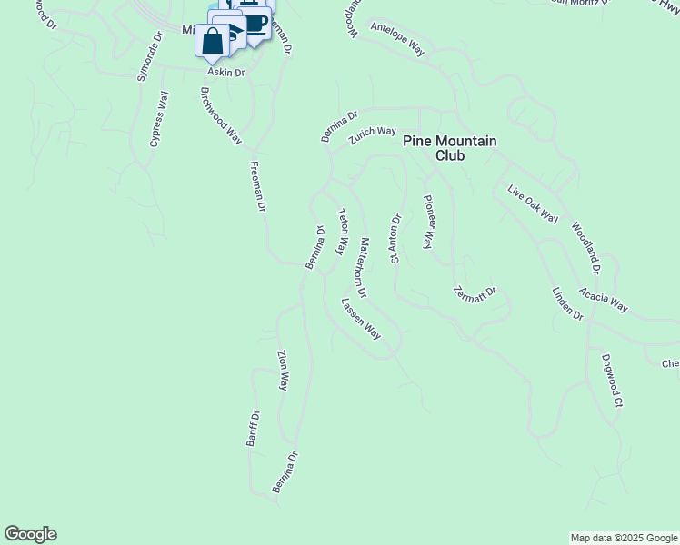 map of restaurants, bars, coffee shops, grocery stores, and more near 1909 Teton Way in Pine Mountain Club