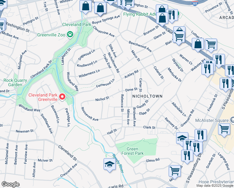 map of restaurants, bars, coffee shops, grocery stores, and more near 16 Rebecca Street in Greenville