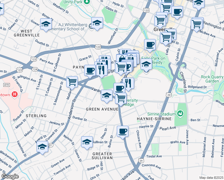 map of restaurants, bars, coffee shops, grocery stores, and more near 200-282 Field Street in Greenville