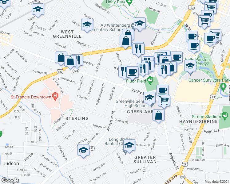 map of restaurants, bars, coffee shops, grocery stores, and more near 1 Mallard Street in Greenville
