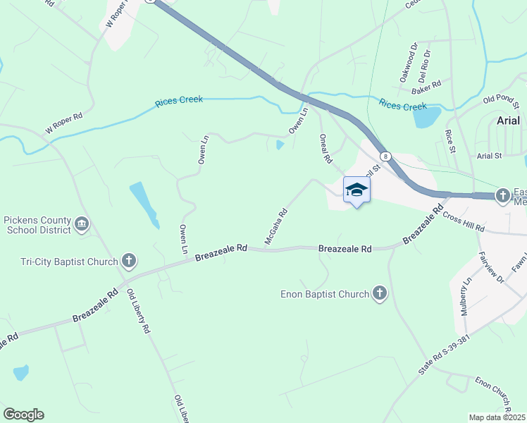 map of restaurants, bars, coffee shops, grocery stores, and more near 125 McGaha Road in Easley