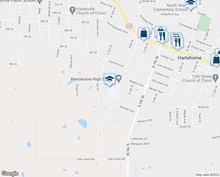 map of restaurants, bars, coffee shops, grocery stores, and more near 520 Tj Hawkins in Hartshorne