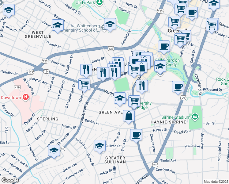 map of restaurants, bars, coffee shops, grocery stores, and more near 109 Green Avenue in Greenville