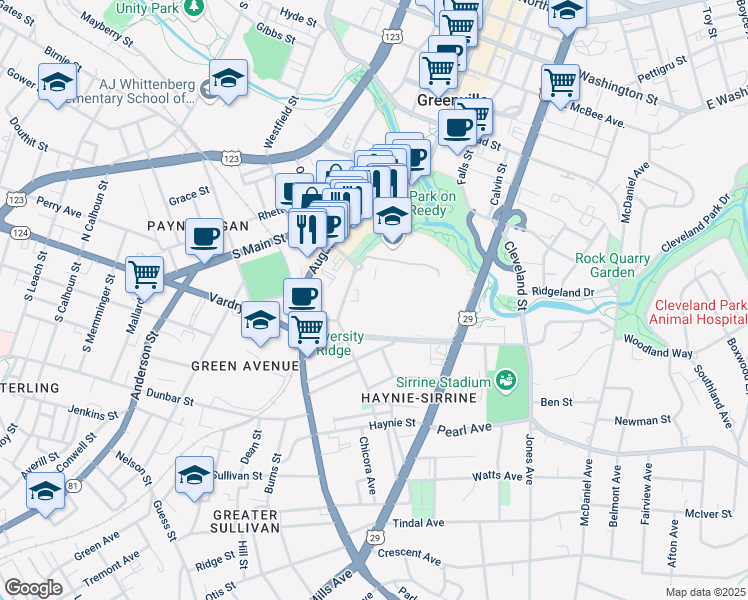 map of restaurants, bars, coffee shops, grocery stores, and more near 301 University Ridge in Greenville