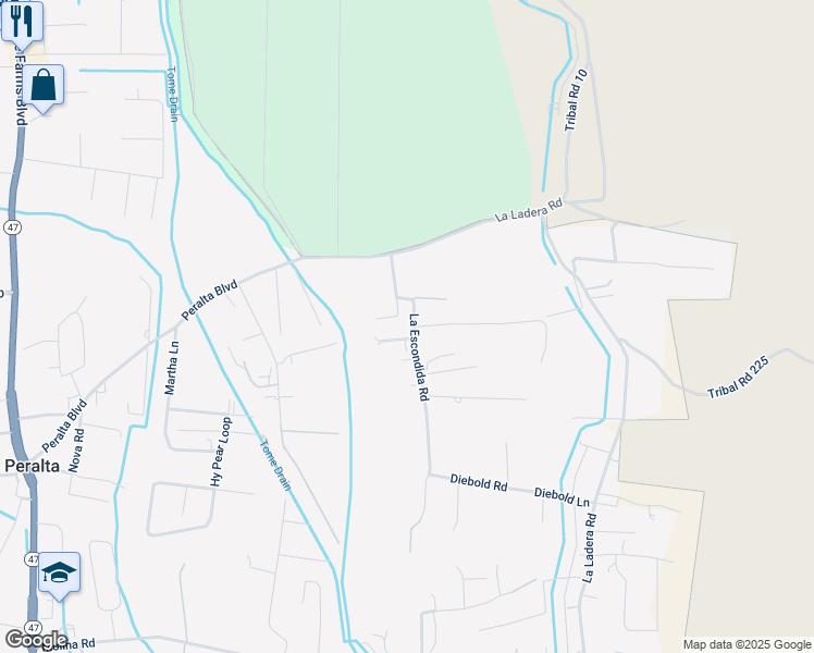 map of restaurants, bars, coffee shops, grocery stores, and more near 14 La Escondida Road in Peralta