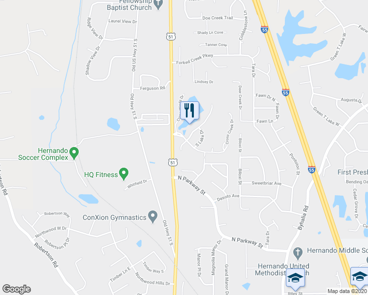 map of restaurants, bars, coffee shops, grocery stores, and more near 1288 Cross Creek Cove in Hernando