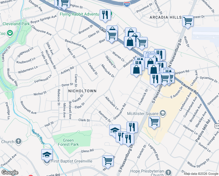 map of restaurants, bars, coffee shops, grocery stores, and more near 298 Webster Road in Greenville