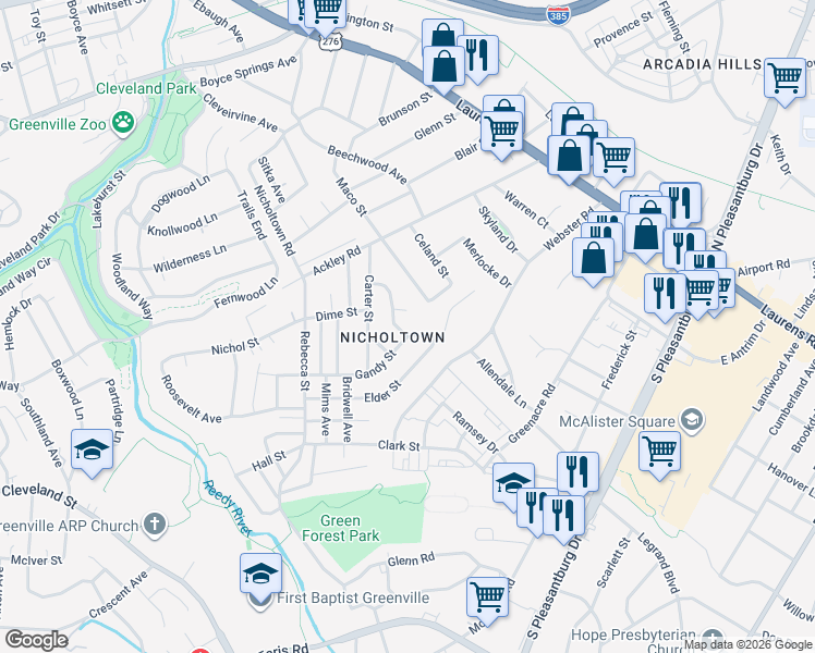 map of restaurants, bars, coffee shops, grocery stores, and more near 234 Maco Terrace in Greenville
