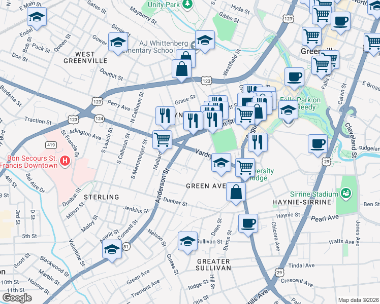 map of restaurants, bars, coffee shops, grocery stores, and more near 3 Anderson Street in Greenville
