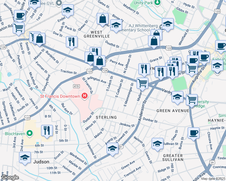 map of restaurants, bars, coffee shops, grocery stores, and more near 511 Arlington Avenue in Greenville
