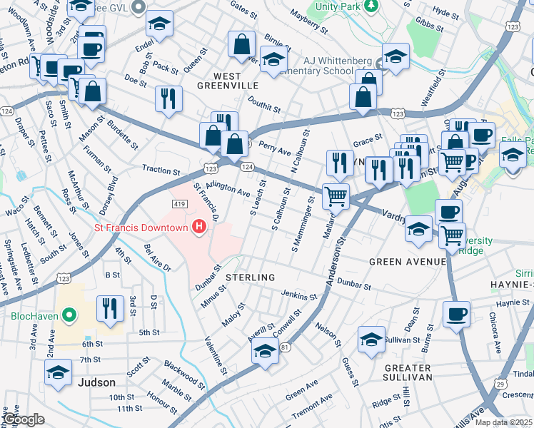 map of restaurants, bars, coffee shops, grocery stores, and more near 511 Arlington Avenue in Greenville