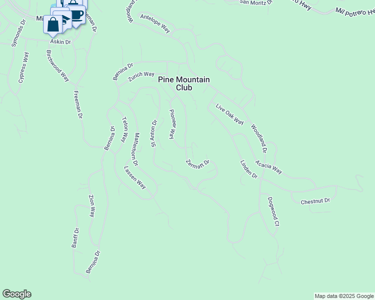 map of restaurants, bars, coffee shops, grocery stores, and more near 1809 Pioneer Way in Pine Mountain Club