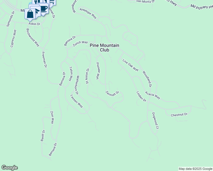 map of restaurants, bars, coffee shops, grocery stores, and more near 1809 Pioneer Way in Pine Mountain Club
