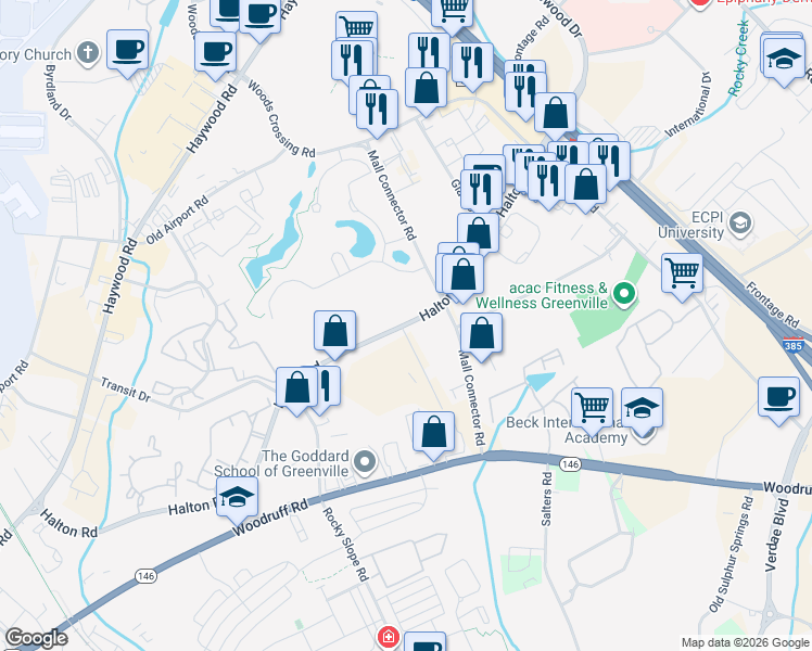 map of restaurants, bars, coffee shops, grocery stores, and more near 350 Halton Road in Greenville