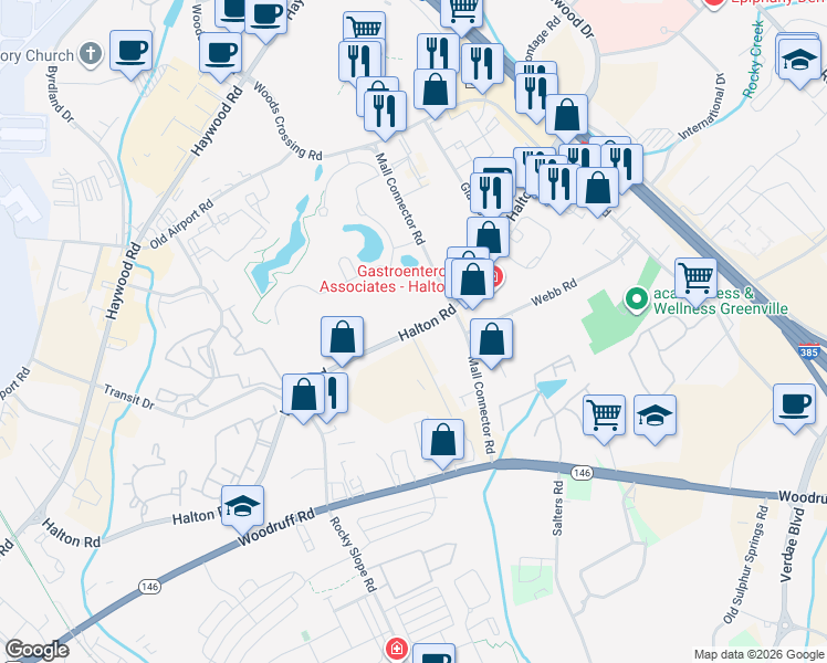 map of restaurants, bars, coffee shops, grocery stores, and more near 352 Halton Road in Greenville
