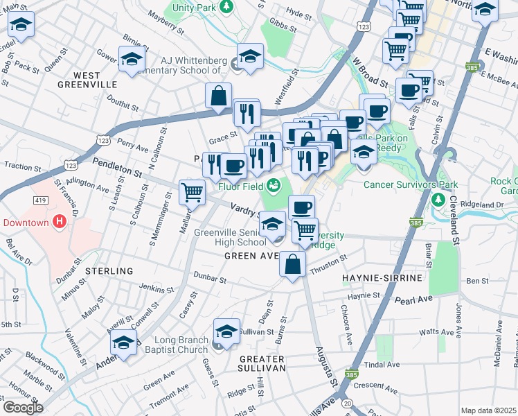 map of restaurants, bars, coffee shops, grocery stores, and more near 109 Green Avenue in Greenville