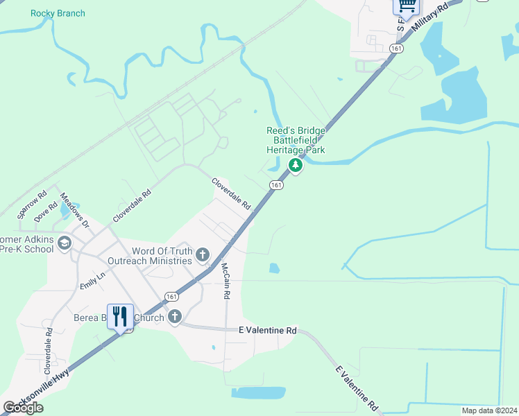 map of restaurants, bars, coffee shops, grocery stores, and more near 6016 Arkansas 161 in Jacksonville