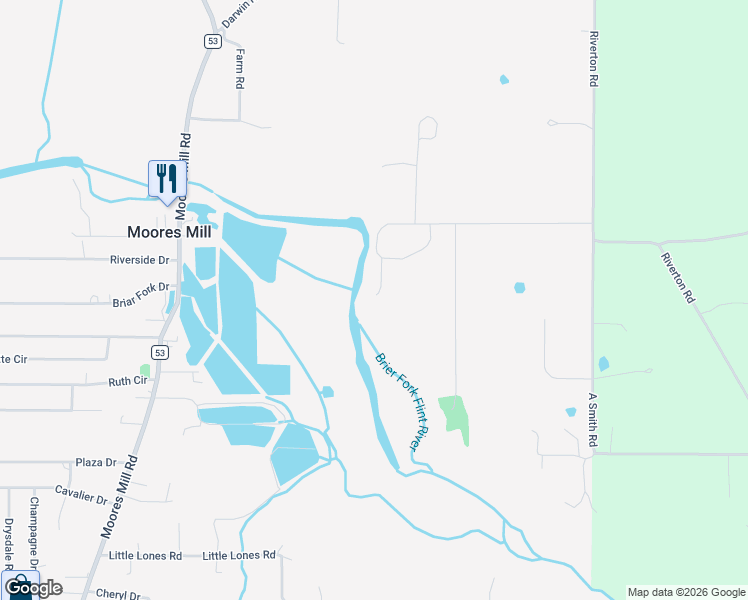 map of restaurants, bars, coffee shops, grocery stores, and more near 216 Little River Road in Huntsville