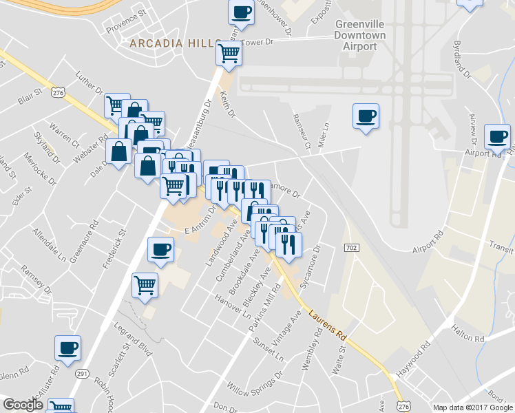 map of restaurants, bars, coffee shops, grocery stores, and more near 1607 Laurens Road in Greenville