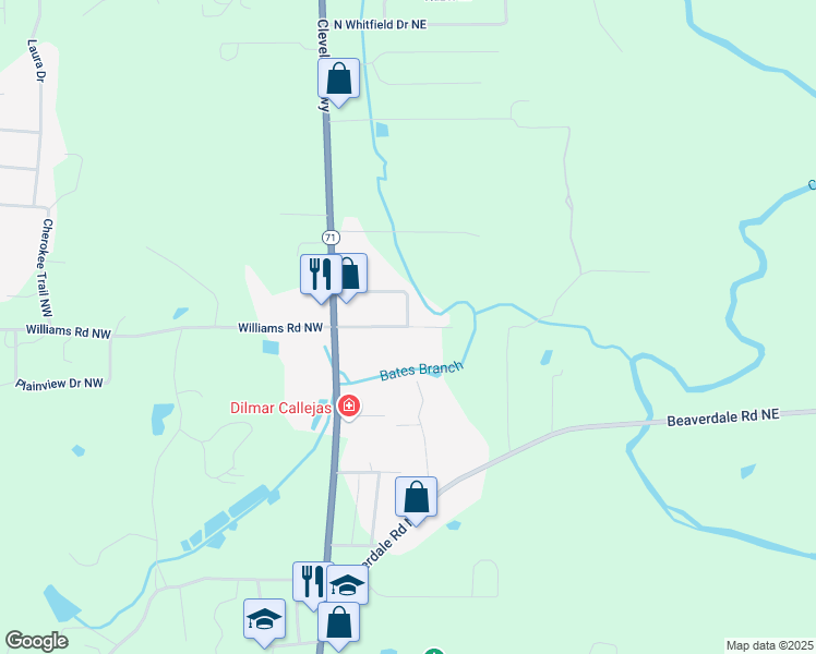 map of restaurants, bars, coffee shops, grocery stores, and more near 161 Maresca Drive Northeast in Dalton