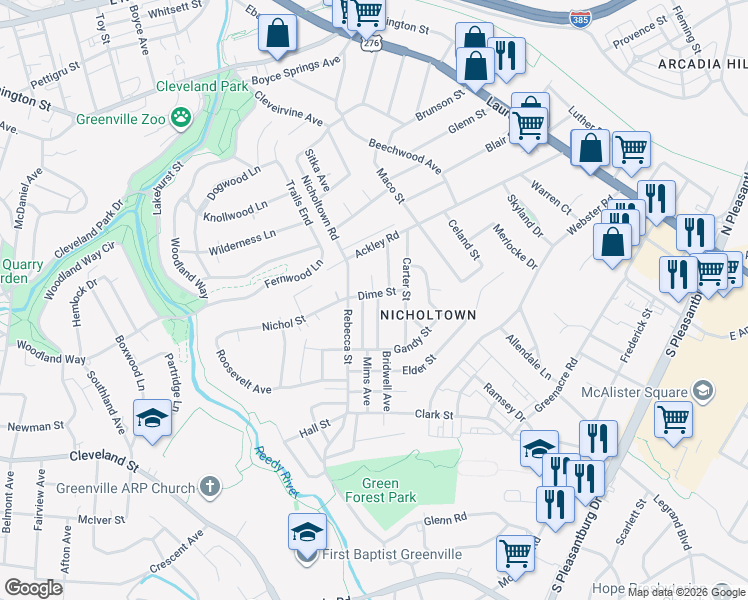 map of restaurants, bars, coffee shops, grocery stores, and more near 122 Dime Street in Greenville
