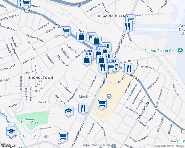 map of restaurants, bars, coffee shops, grocery stores, and more near 125 West Antrim Drive in Greenville