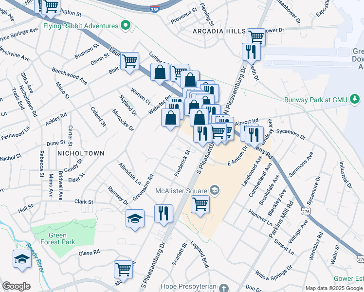 map of restaurants, bars, coffee shops, grocery stores, and more near 125 West Antrim Drive in Greenville