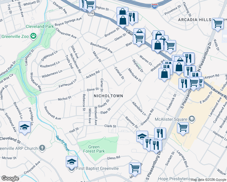 map of restaurants, bars, coffee shops, grocery stores, and more near 234 Maco Terrace in Greenville