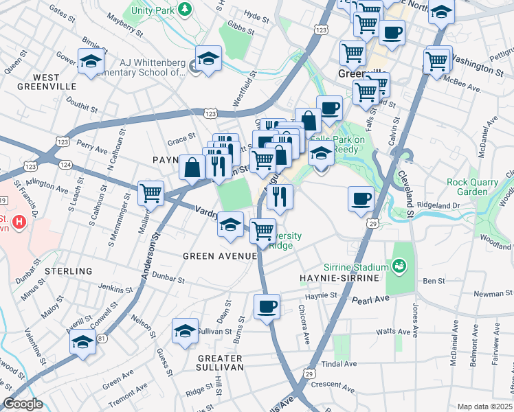map of restaurants, bars, coffee shops, grocery stores, and more near 200-282 Field Street in Greenville