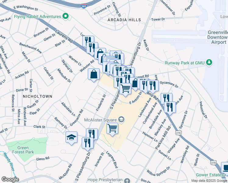 map of restaurants, bars, coffee shops, grocery stores, and more near 22-98 West Antrim Drive in Greenville