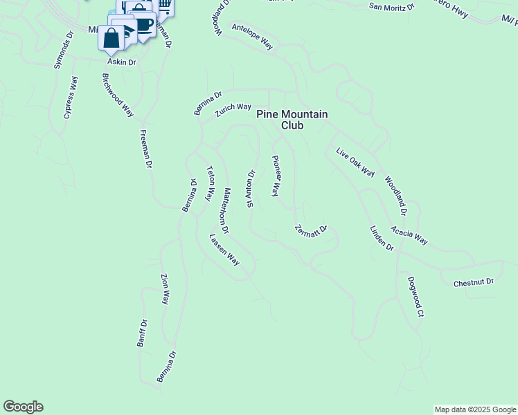map of restaurants, bars, coffee shops, grocery stores, and more near 1824 Saint Anton Drive in Pine Mountain Club