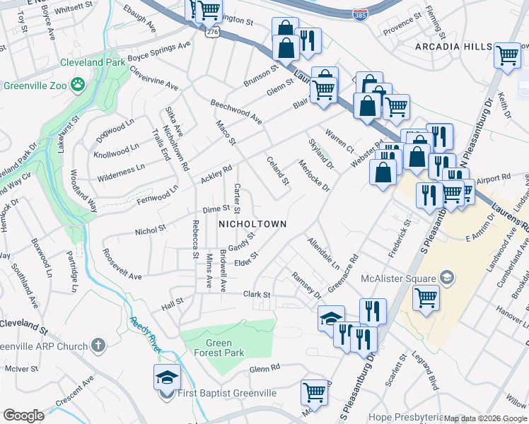 map of restaurants, bars, coffee shops, grocery stores, and more near 234 Maco Terrace in Greenville