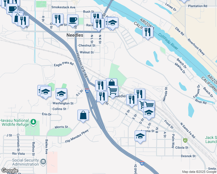 map of restaurants, bars, coffee shops, grocery stores, and more near 1215 Front Street in Needles