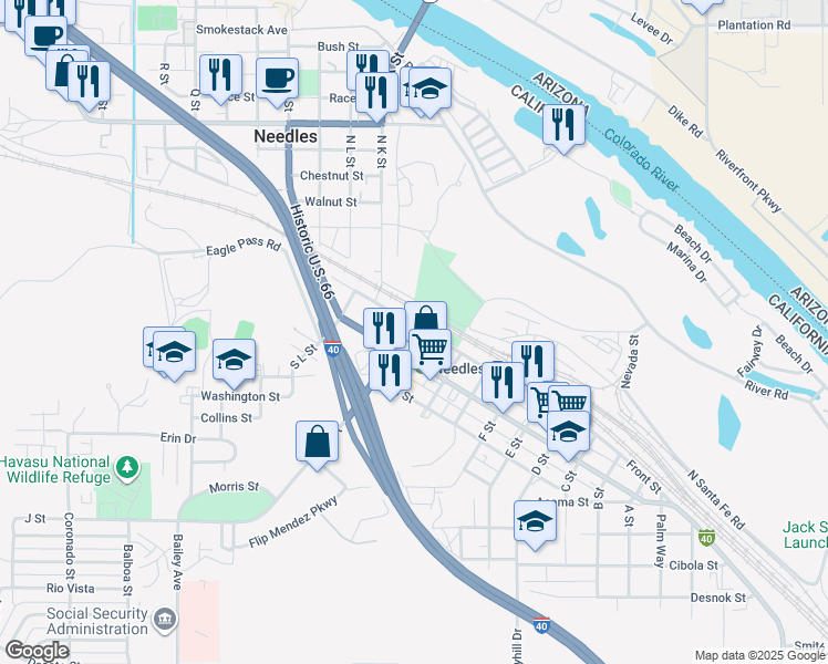 map of restaurants, bars, coffee shops, grocery stores, and more near 1215 Front Street in Needles