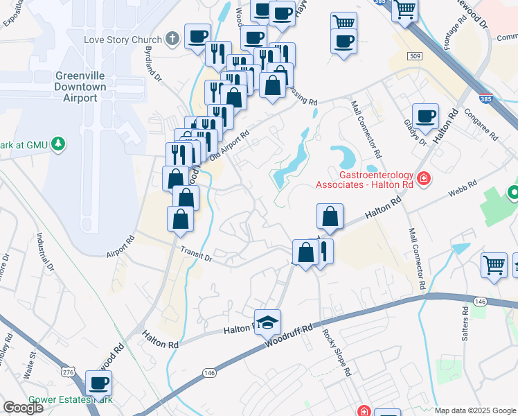 map of restaurants, bars, coffee shops, grocery stores, and more near 36 Tresanton Court in Greenville