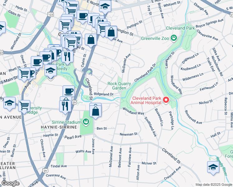 map of restaurants, bars, coffee shops, grocery stores, and more near 200 Ridgeland Dr in Greenville