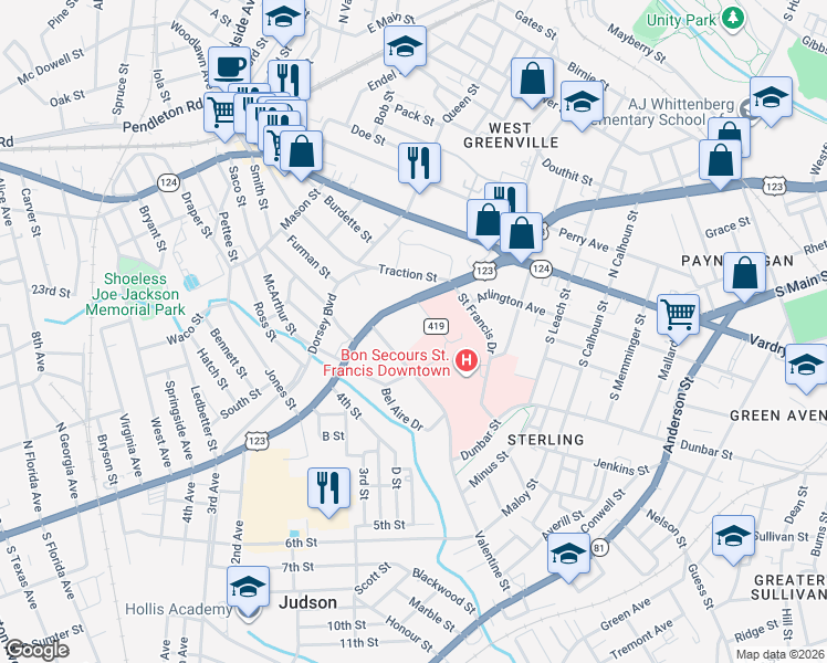 map of restaurants, bars, coffee shops, grocery stores, and more near 9772 Andrews Street in Greenville