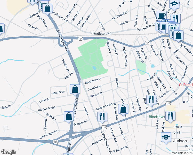map of restaurants, bars, coffee shops, grocery stores, and more near 19 Crestmore Drive in Greenville