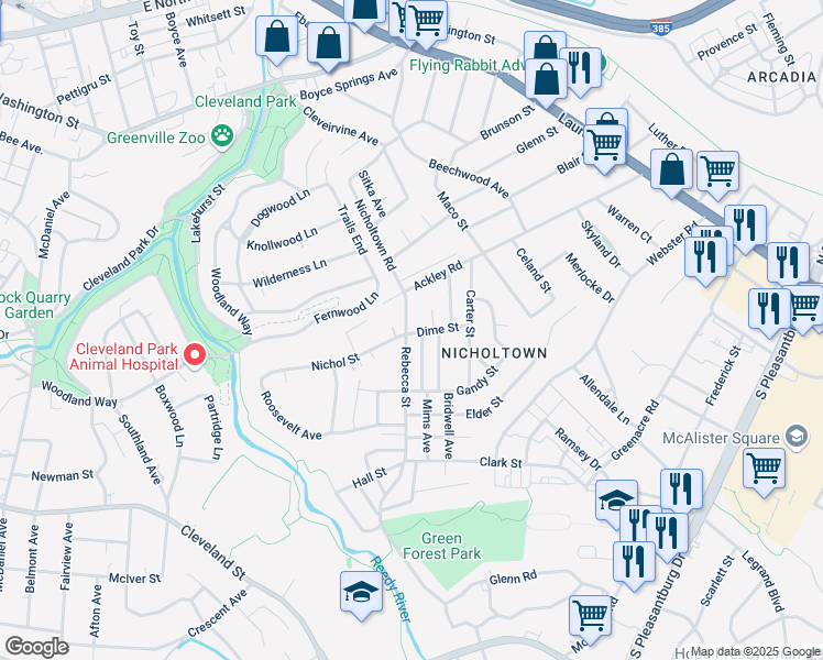 map of restaurants, bars, coffee shops, grocery stores, and more near 16 Rebecca Street in Greenville